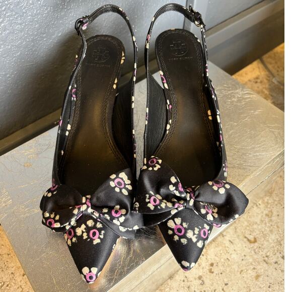 Tory Burch Rosalind 65mm Floral Black Satin Slingback Kitten Heel Pump Size 9M - Picture 1 of 6